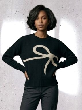 Tahari 100% Cashmere Black Bow Crewneck Sweater XL